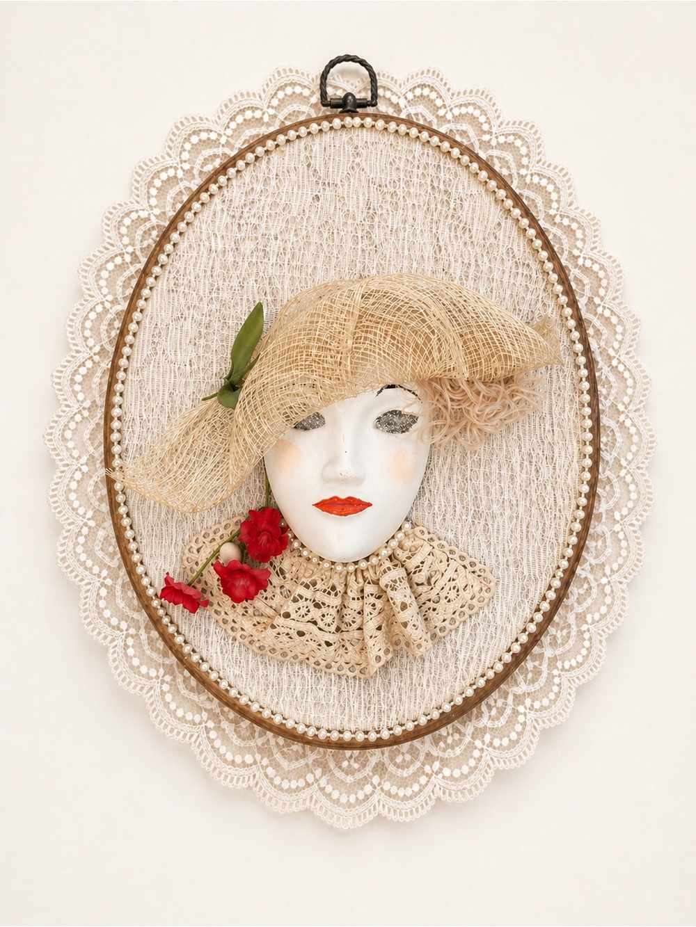 Vintage Cottagecore Victorian Face Wall Hanging Lace Pearl Decor Plaque Frame